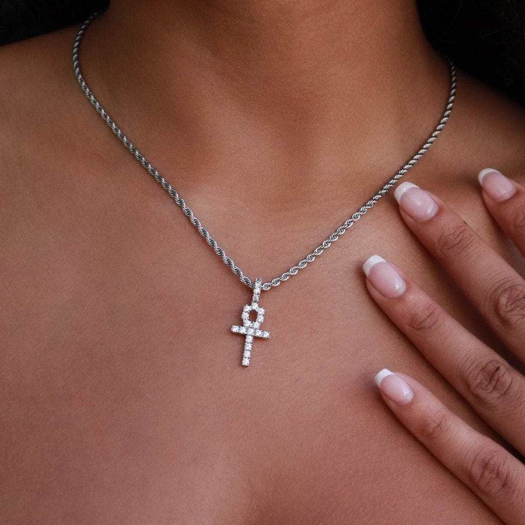 Micro Iced Ankh Cross Pendant in White Gold