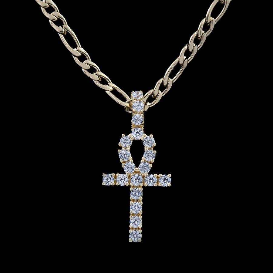 Micro Iced Ankh Cross Pendant in Yellow Gold