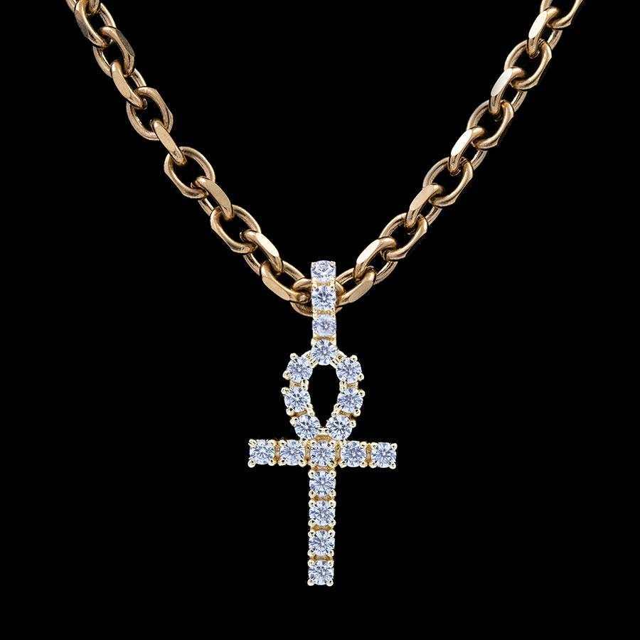 Micro Iced Ankh Cross Pendant in Yellow Gold