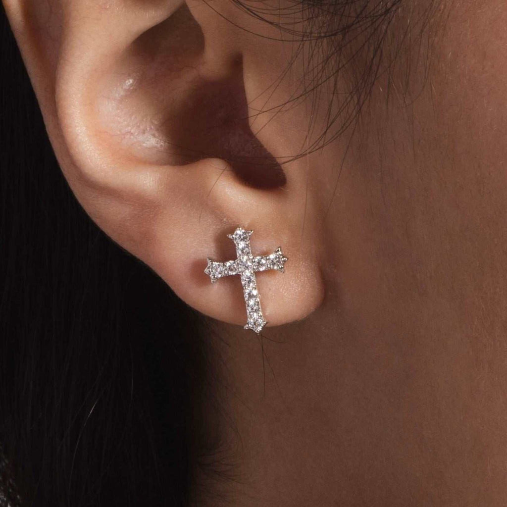 GLD Micro Cross Stud Earrings in White Gold