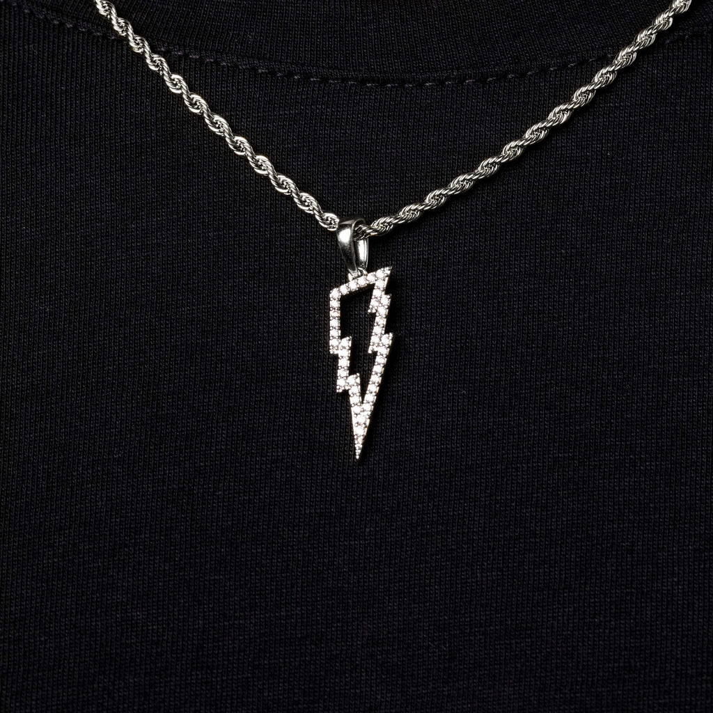 Rope Chain + Micro Iced Lightning Bolt Pendant Gift Bundle in White Gold - 2mm