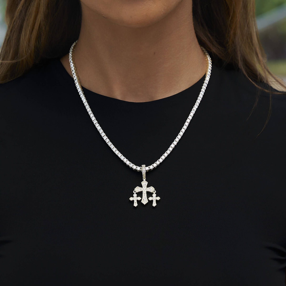 Micro Iced Triple Cross Pendant in Yellow Gold