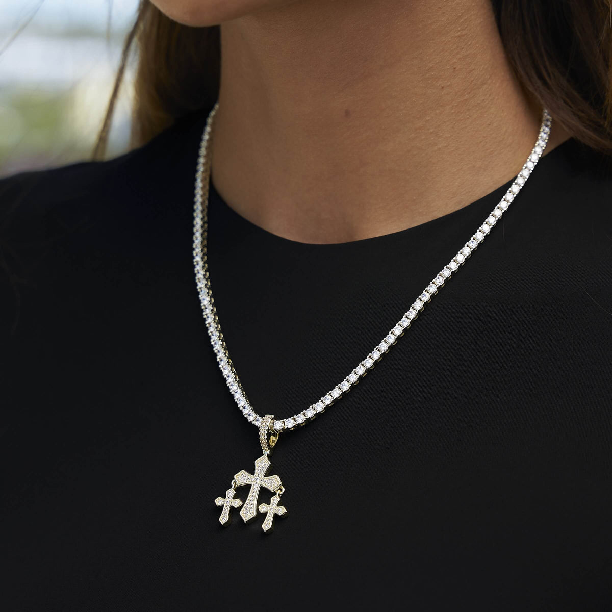 Micro Iced Triple Cross Pendant in Yellow Gold