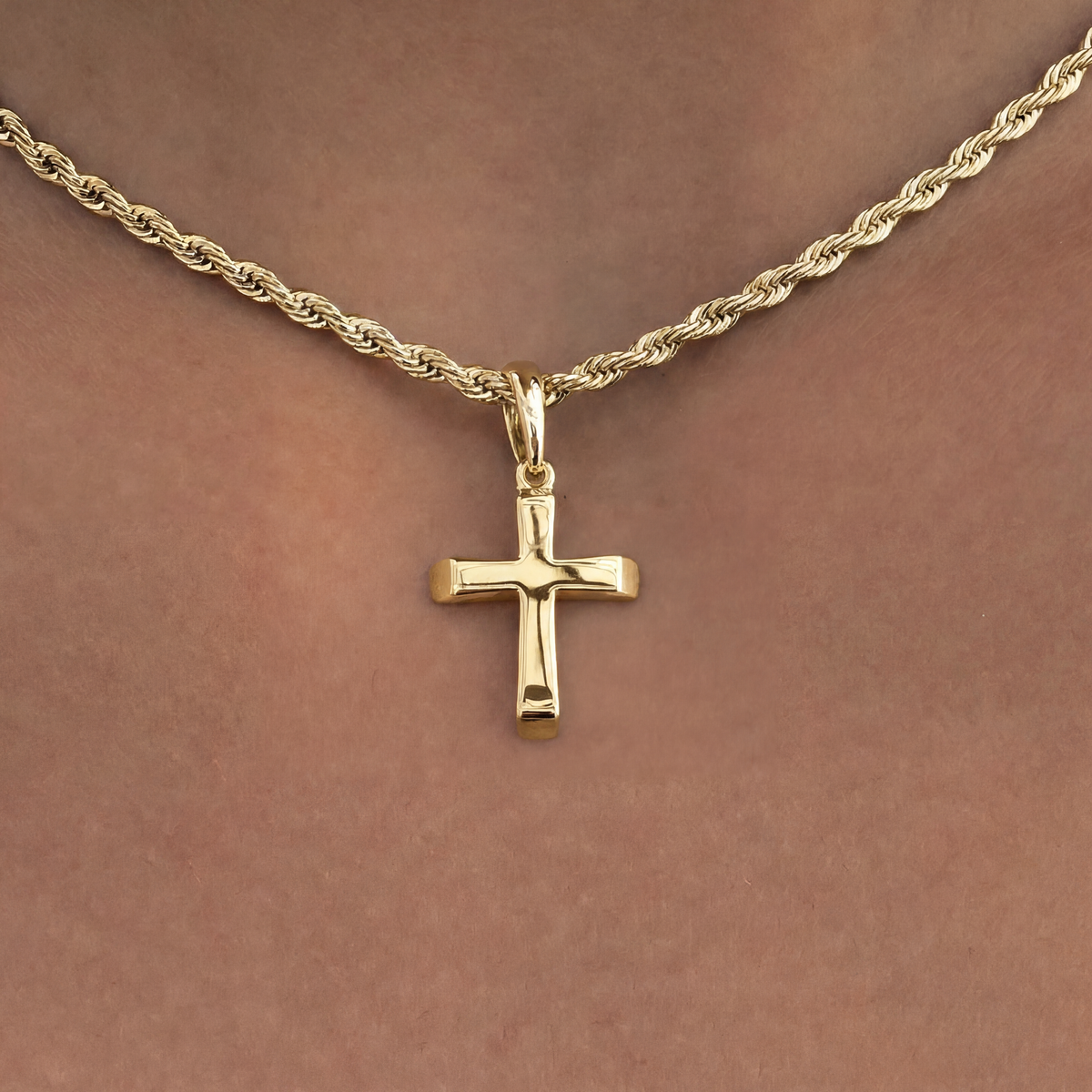 Micro Simple Cross Pendant + 2MM Rope Necklace Bundle in Yellow Gold