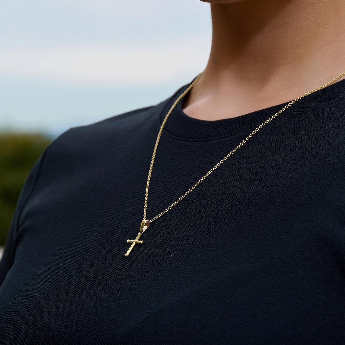Micro Twisted Rope Cross Pendant in Yellow Gold