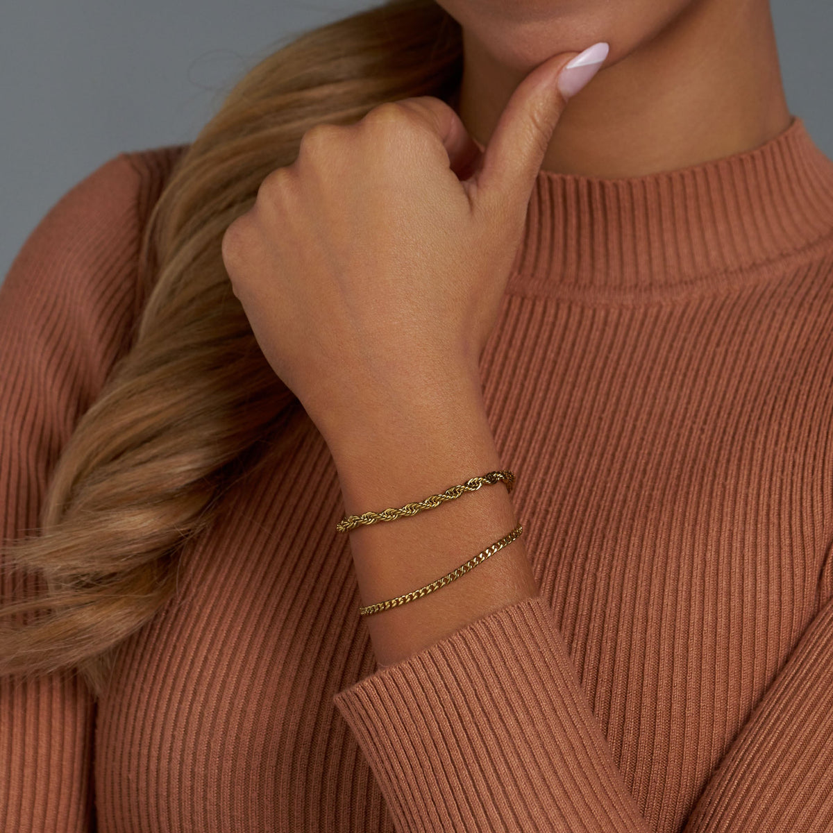 Women's Micro Cuban + Rope Bracelet Stack (Gold)