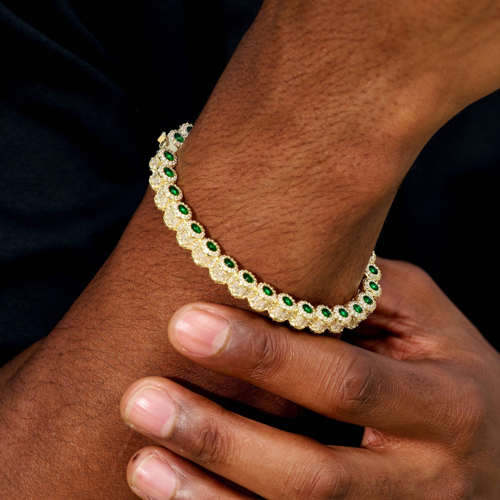 Emerald Iced Multi Dimensional Bangle Bracelet in Yellow Gold