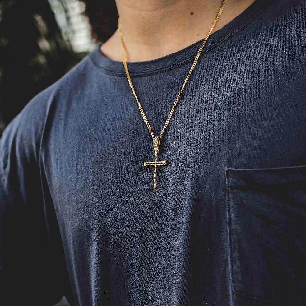 Iced Nail Cross in Yellow Gold