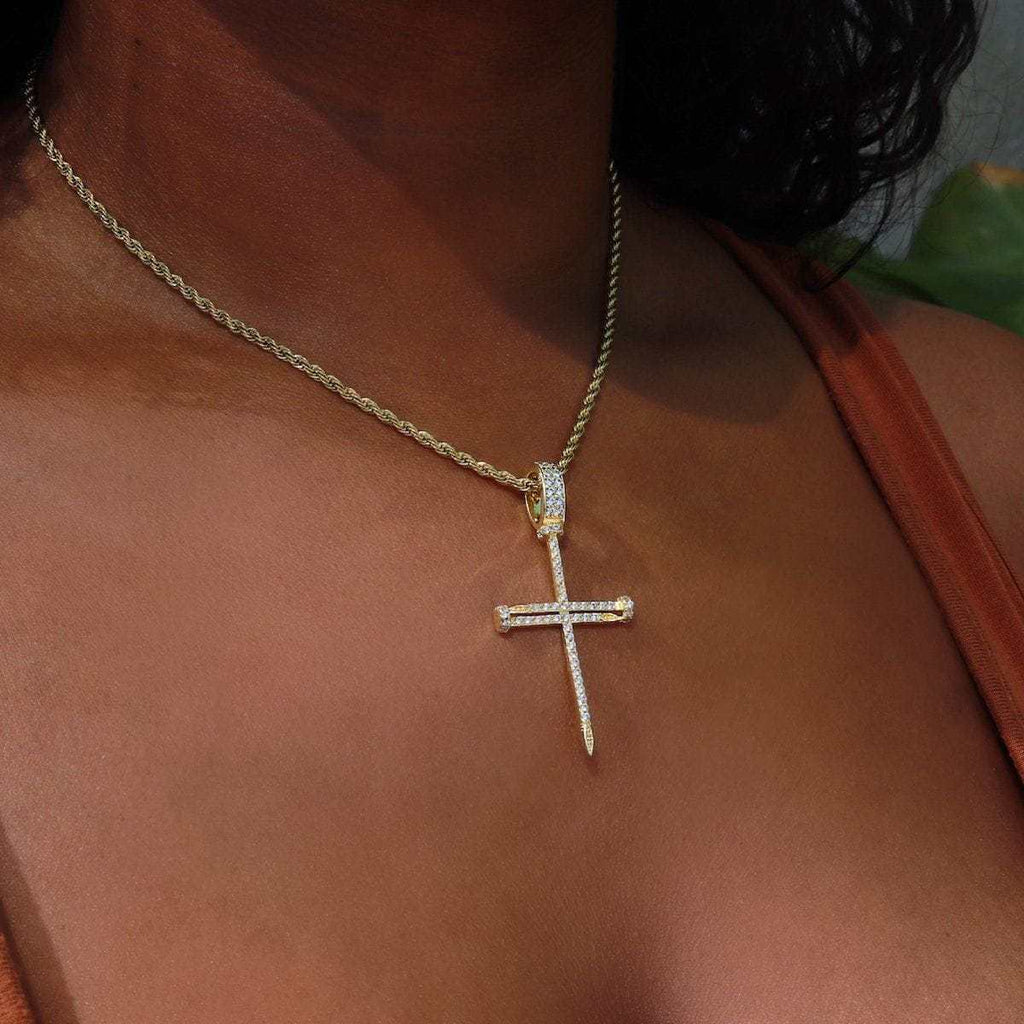 Iced Nail Cross in Yellow Gold