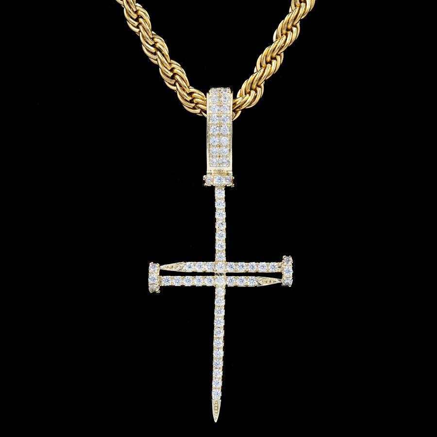 Iced Nail Cross in Yellow Gold