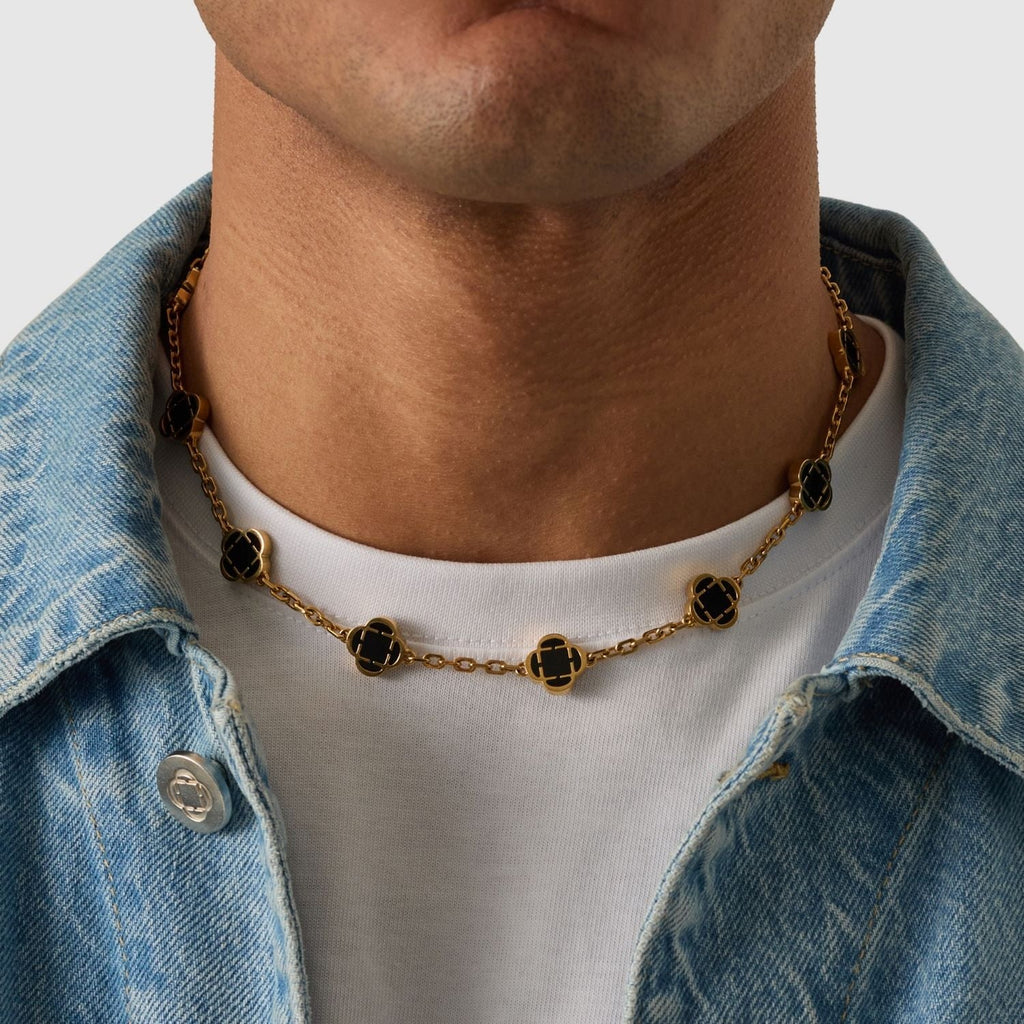 Onyx Clover Stone Necklace (Gold)