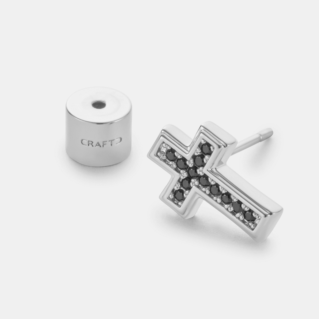 Onyx Cross Stud Earring (Silver)