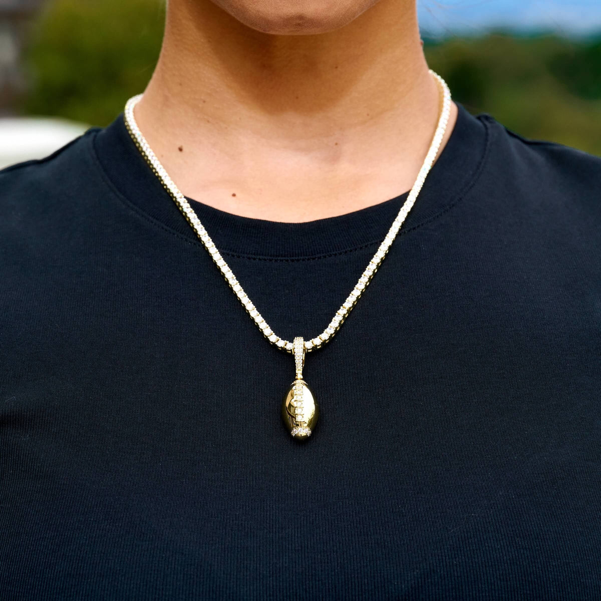 Iced Stitched Football Pendant in Yellow Gold