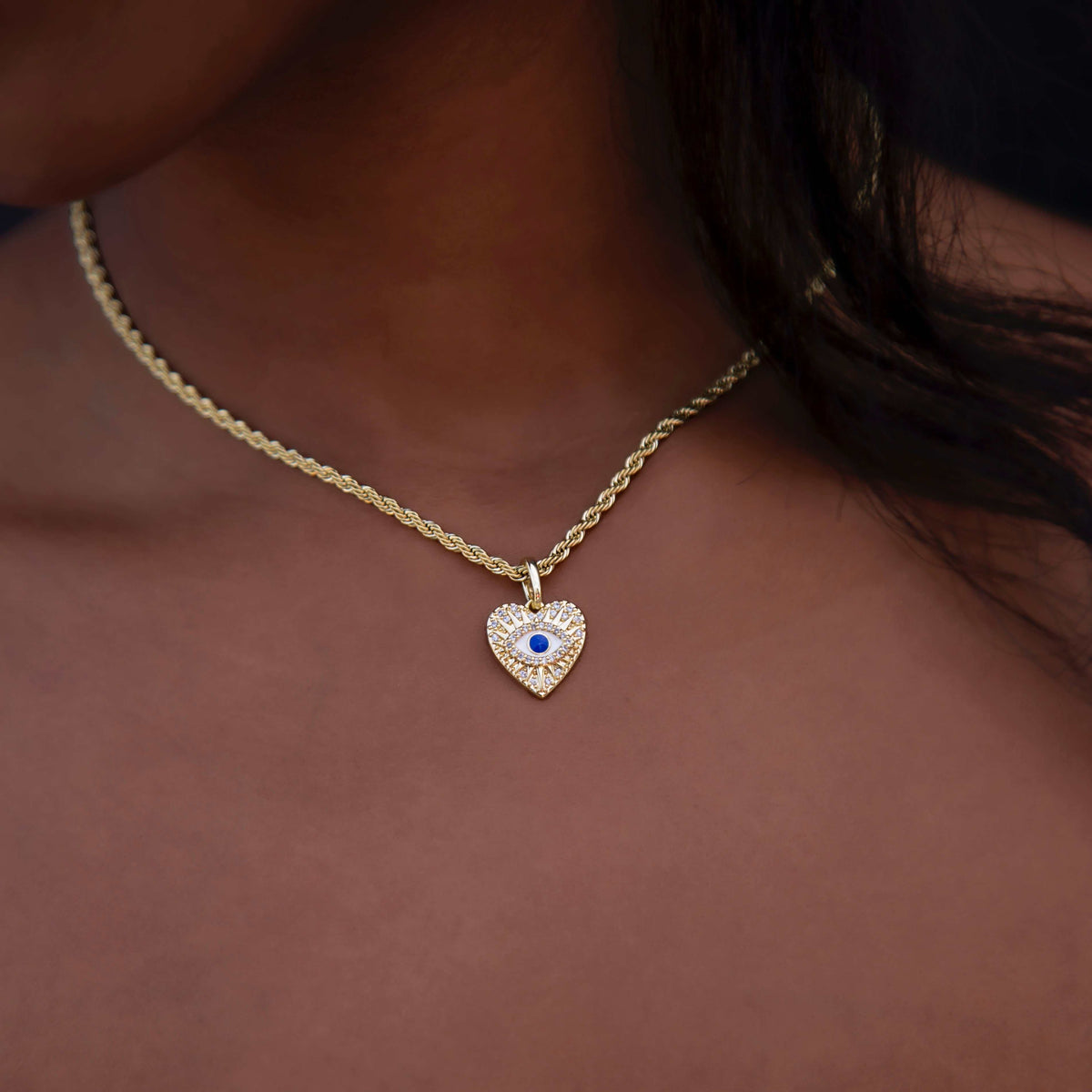 Small Coin Evil Eye Heart Pave Pendant in Gold