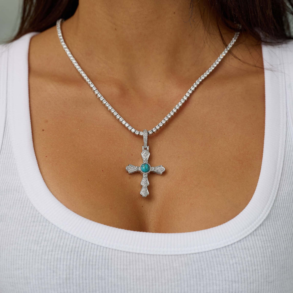 Turquoise Western Cross Pendant in White Gold