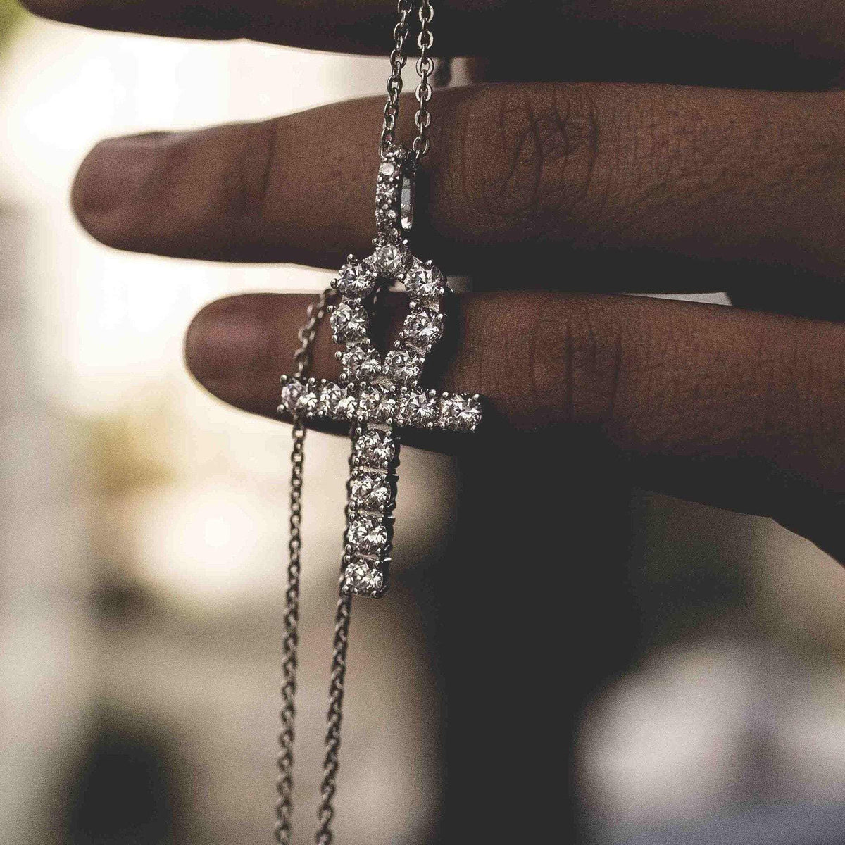 Iced Ankh Cross Pendant in White Gold