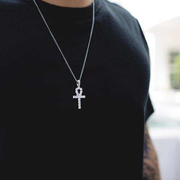 Iced Ankh Cross Pendant in White Gold