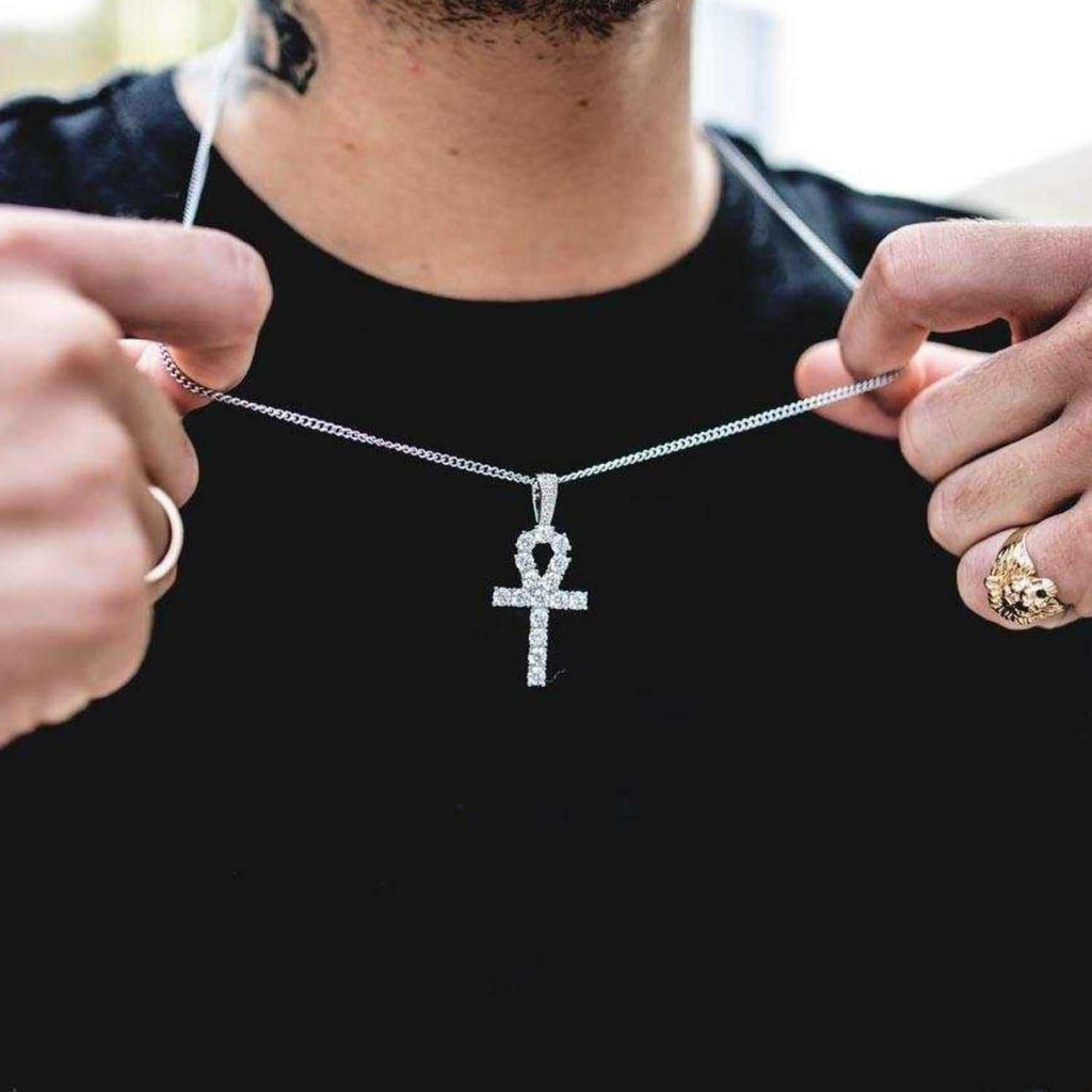 Iced Ankh Cross Pendant in White Gold