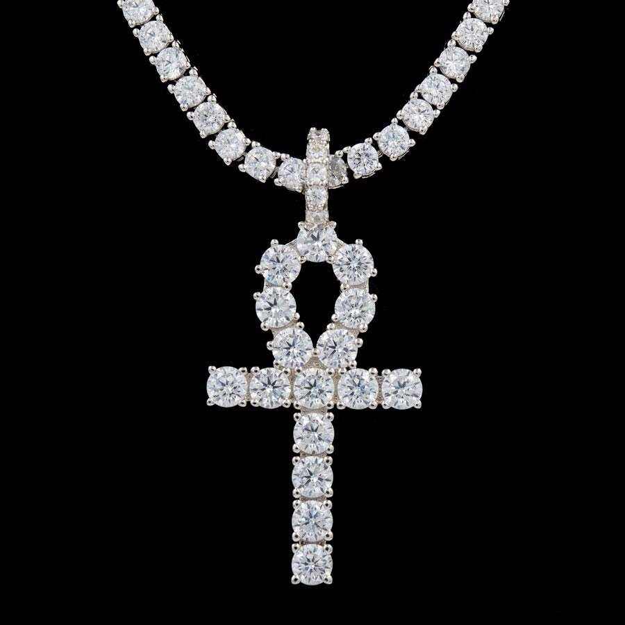 Iced Ankh Cross Pendant in White Gold