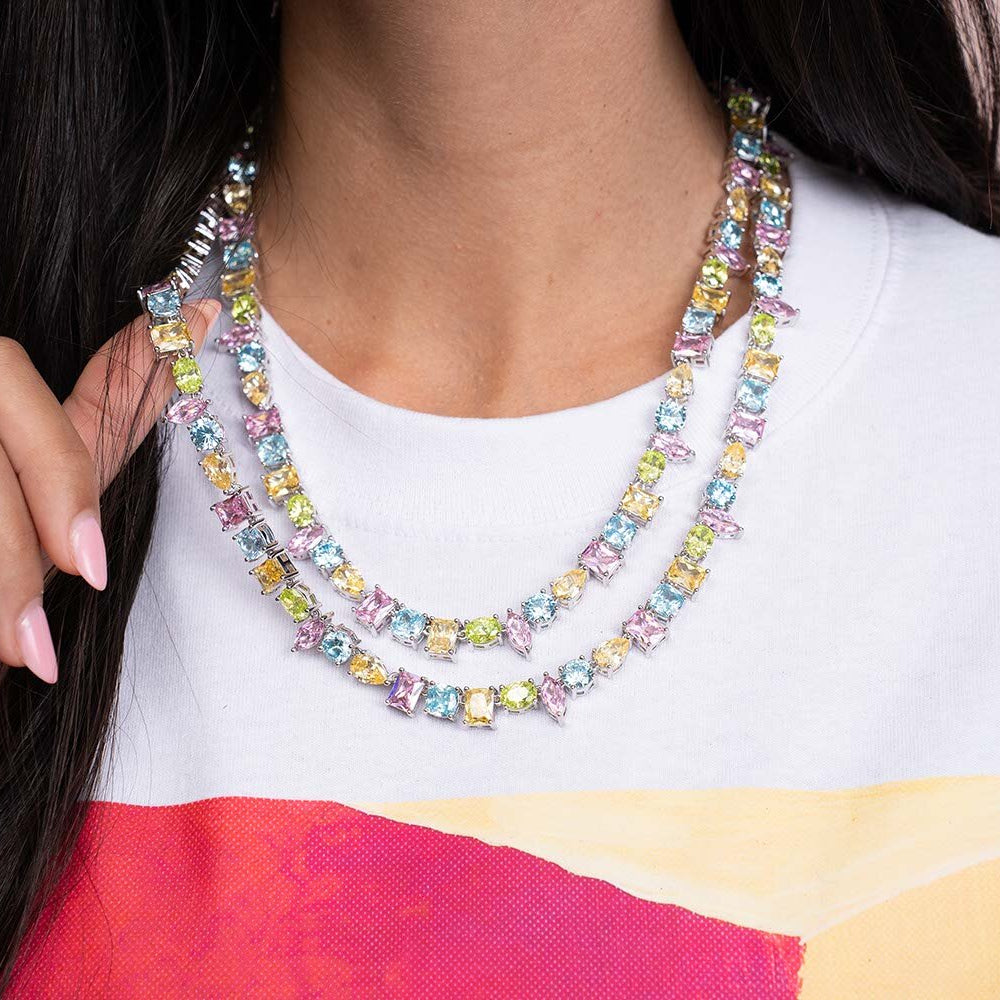 Floating Pastel Multicolor Stone Necklace in White Gold