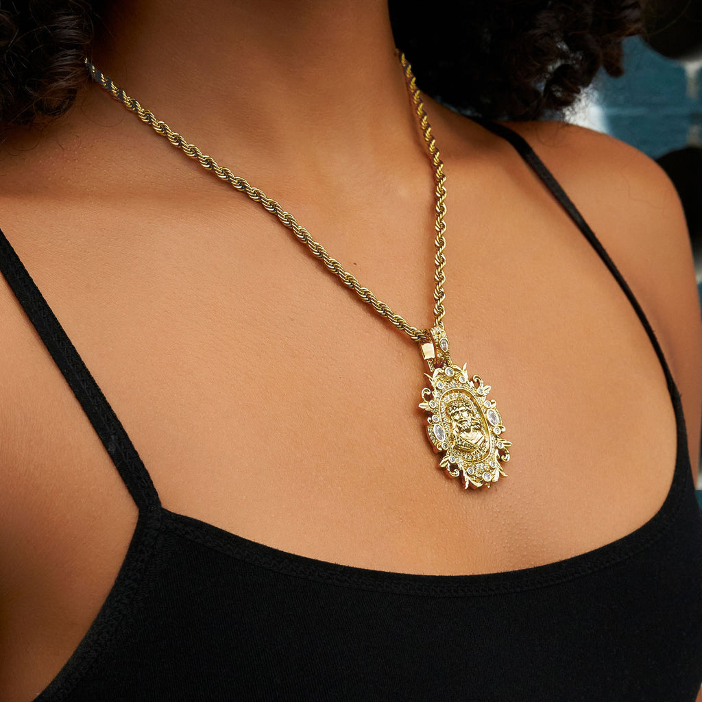 Iced Medieval Jesus Pendant in Yellow Gold