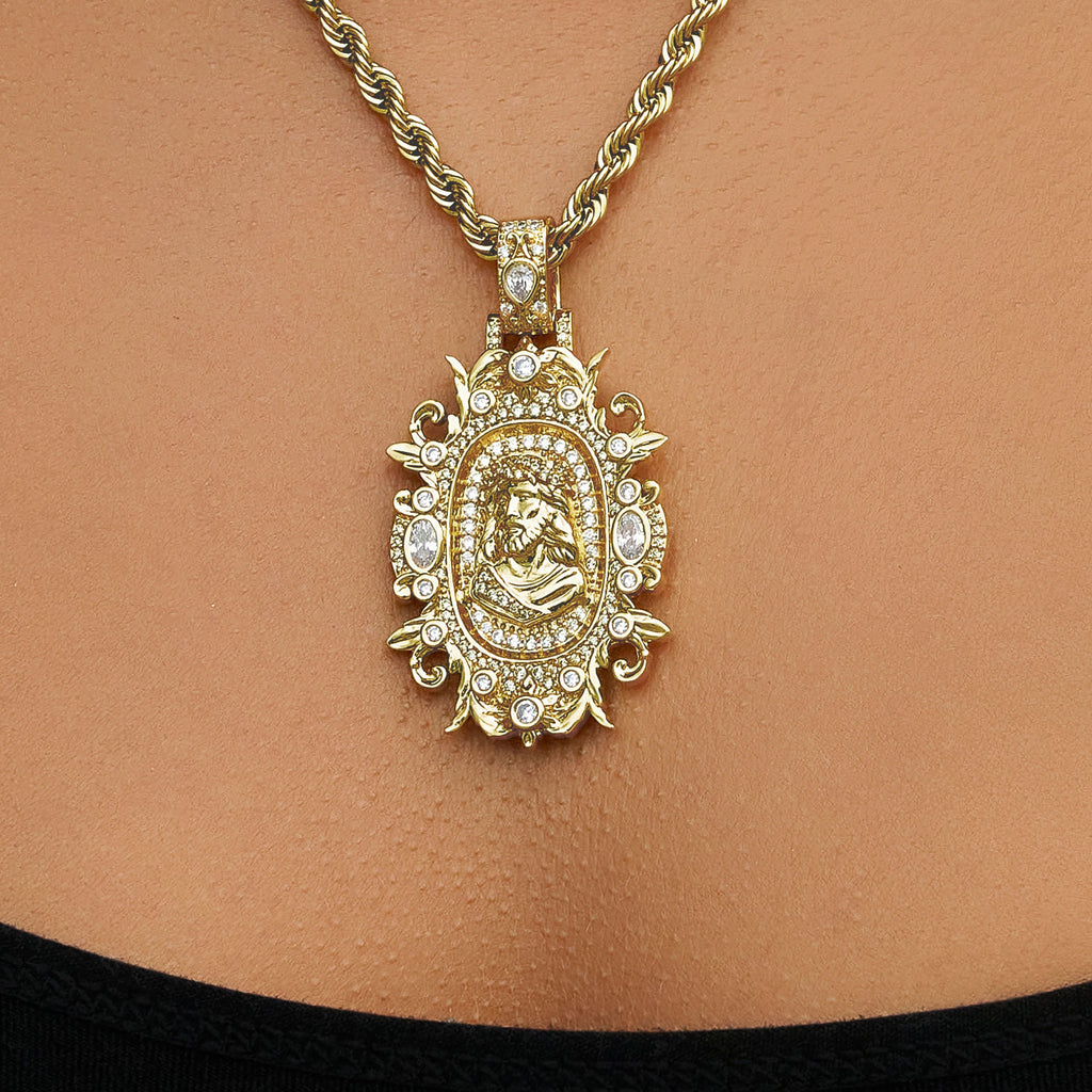 Iced Medieval Jesus Pendant in Yellow Gold